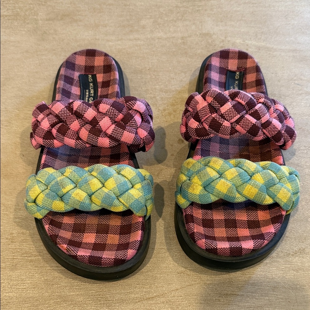 Kurt Geiger Vegan Checkered Sandals in Pink and Black